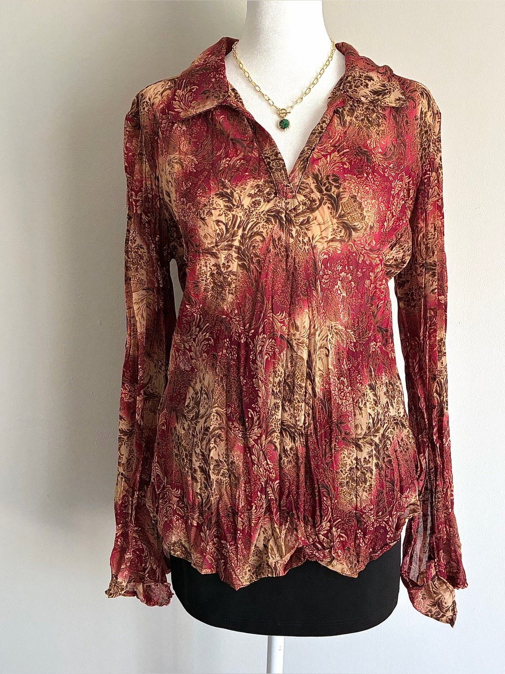 Burgundy & Bronze Paisley Vintage Boho Blouse with long bell sleeves